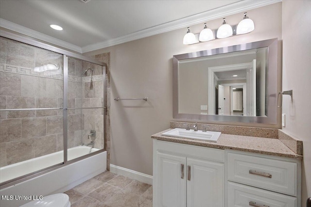 12025 Springridge Rd, Terry, MS 39170 - bathroom with vanity, enclosed tub / shower combo, ornamental molding, and recessed lighting