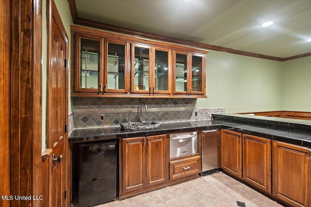 12025 Springridge Rd, Terry, MS 39170 - indoor wet bar with ornamental molding, tasteful backsplash, a warming drawer, light tile patterned floors, and recessed lighting