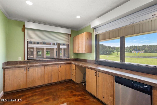 12025 Springridge Rd, Terry, MS 39170 - kitchen featuring dishwasher, built in study area, ornamental molding, recessed lighting, and tile countertops
