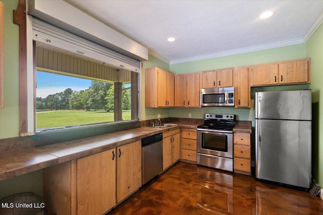 12025 Springridge Rd, Terry, MS 39170 - kitchen featuring appliances with stainless steel finishes, ornamental molding, tile counters, finished concrete floors, and light brown cabinets