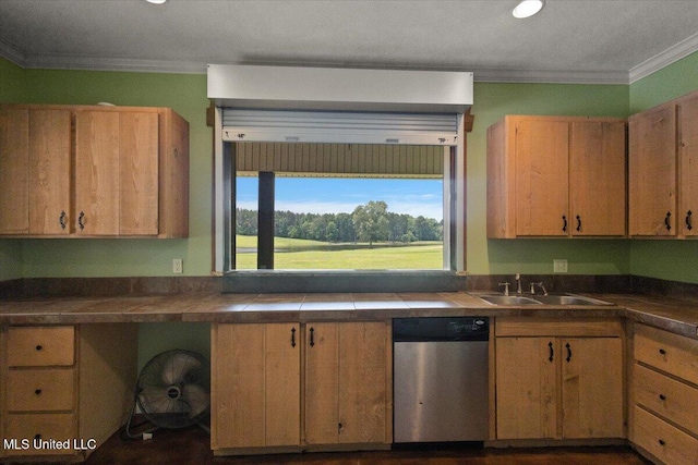 12025 Springridge Rd, Terry, MS 39170 - kitchen with dishwasher, crown molding, tile countertops, and recessed lighting