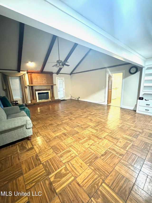 unfurnished living room featuring light parquet flooring, ceiling fan, high vaulted ceiling, and beamed ceiling