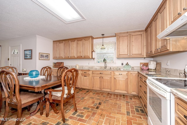 10001 Echo Glen Dr, Moss Point, MS 39562 - kitchen featuring extractor fan, electric stove, brick floors, a textured ceiling, and ornamental molding