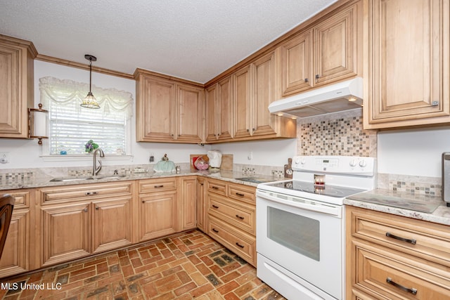 10001 Echo Glen Dr, Moss Point, MS 39562 - kitchen with white electric range, under cabinet range hood, brick patterned flooring, decorative backsplash, and light stone counters