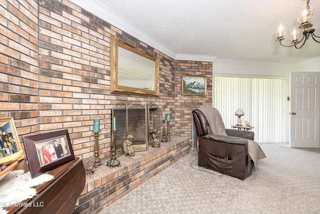 10001 Echo Glen Dr, Moss Point, MS 39562 - carpeted living area with a brick fireplace, a chandelier, crown molding, and brick wall
