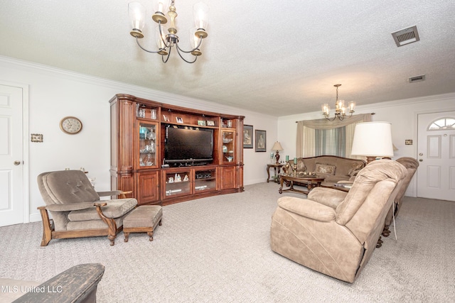 10001 Echo Glen Dr, Moss Point, MS 39562 - living room featuring a chandelier, carpet flooring, ornamental molding, and a textured ceiling