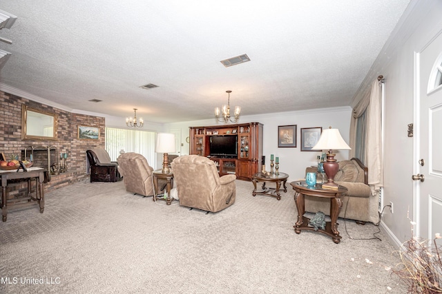 10001 Echo Glen Dr, Moss Point, MS 39562 - living room with a chandelier, carpet floors, a textured ceiling, a brick fireplace, and crown molding