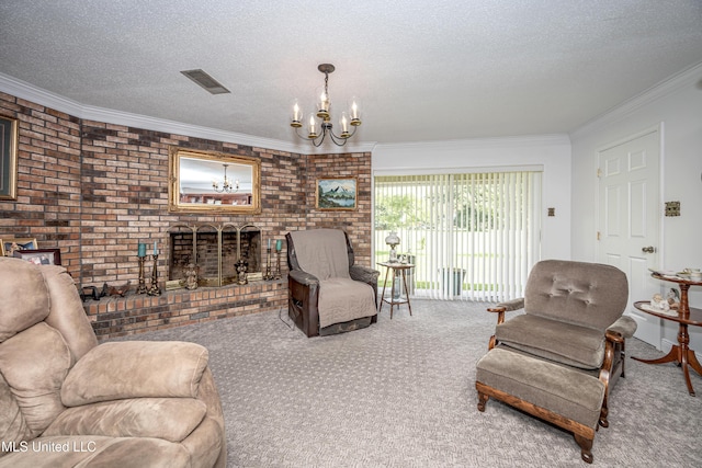 10001 Echo Glen Dr, Moss Point, MS 39562 - carpeted living area with a chandelier, a textured ceiling, a fireplace, brick wall, and ornamental molding