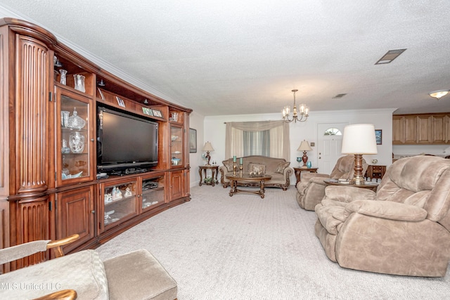 10001 Echo Glen Dr, Moss Point, MS 39562 - living area with a chandelier, a textured ceiling, and light colored carpet