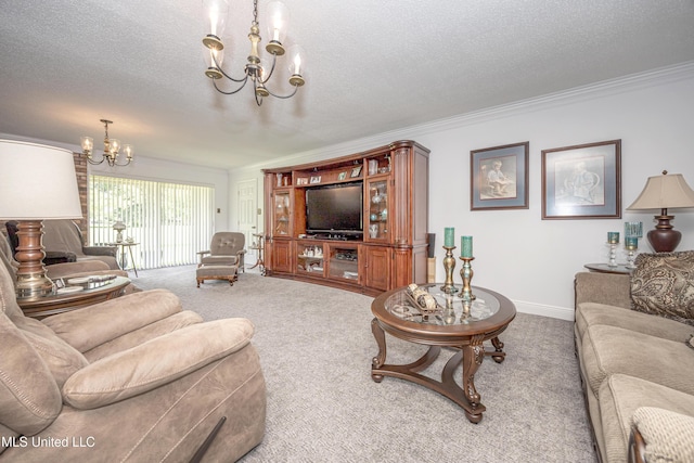 10001 Echo Glen Dr, Moss Point, MS 39562 - carpeted living area with a chandelier, crown molding, and a textured ceiling