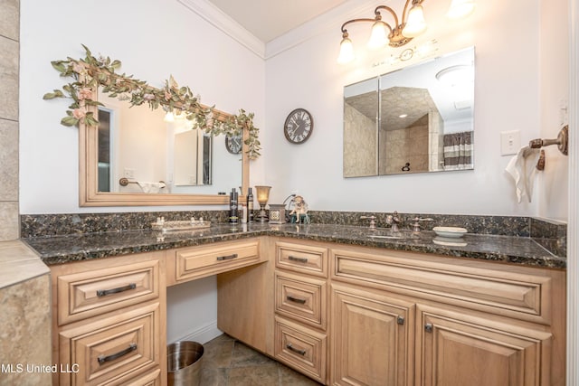 10001 Echo Glen Dr, Moss Point, MS 39562 - bathroom featuring double vanity, crown molding, and tiled shower