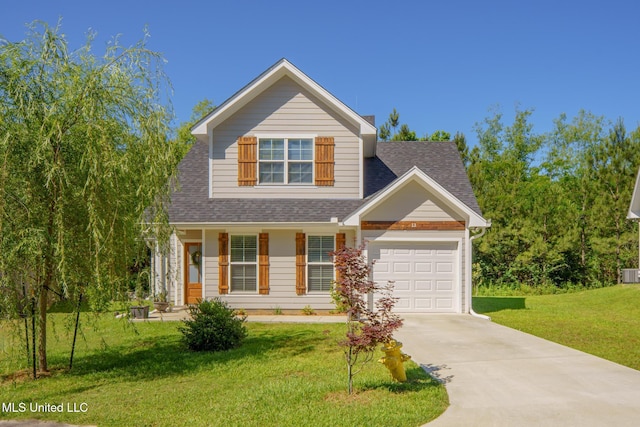 13 High Hills Dr, Hattiesburg, MS 39402 - traditional-style home with concrete driveway, an attached garage, a front yard, roof with shingles, and a porch