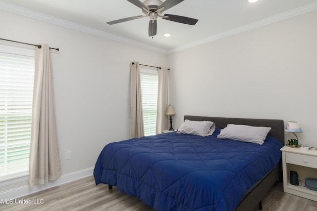 13 High Hills Dr, Hattiesburg, MS 39402 - bedroom with wood finished floors, crown molding, baseboards, recessed lighting, and a ceiling fan