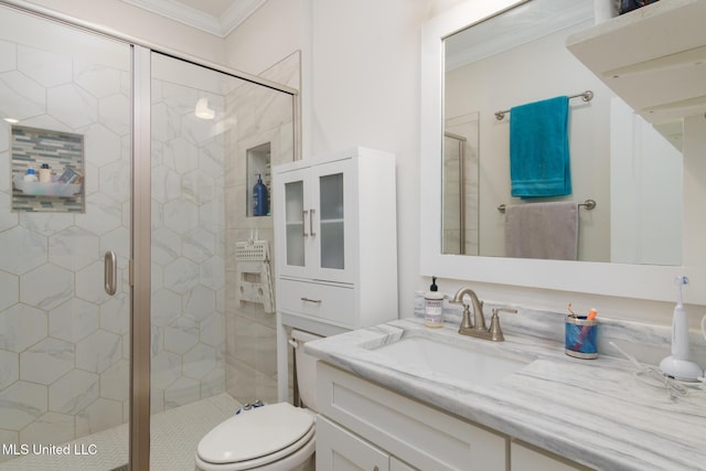 13 High Hills Dr, Hattiesburg, MS 39402 - bathroom featuring ornamental molding, a shower stall, vanity, and toilet