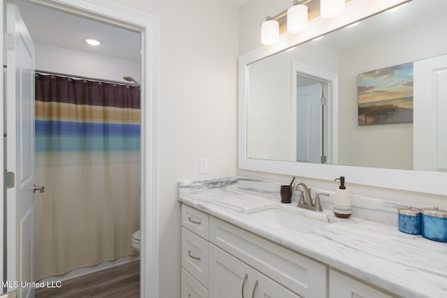 13 High Hills Dr, Hattiesburg, MS 39402 - bathroom with vanity, toilet, wood finished floors, recessed lighting, and a shower with shower curtain