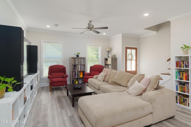 13 High Hills Dr, Hattiesburg, MS 39402 - living room featuring light wood-style flooring, a ceiling fan, recessed lighting, ornamental molding, and baseboards