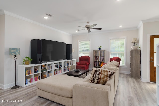 13 High Hills Dr, Hattiesburg, MS 39402 - living area with light wood-type flooring, ceiling fan, baseboards, recessed lighting, and crown molding