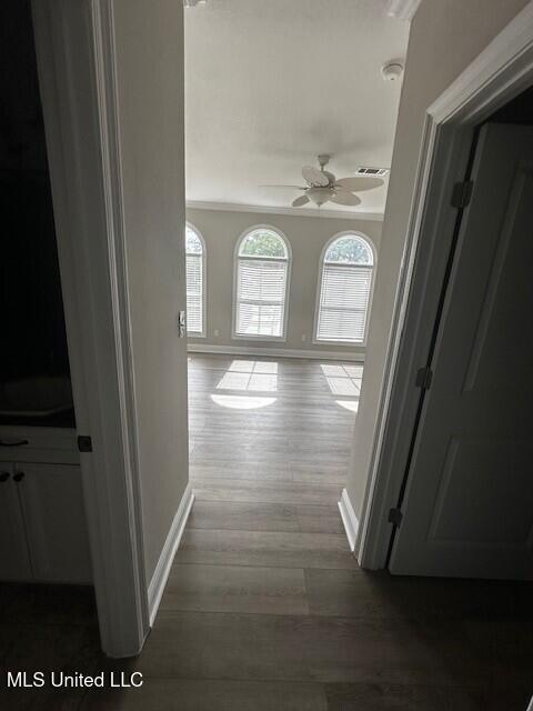 hallway featuring baseboards, visible vents, and wood finished floors