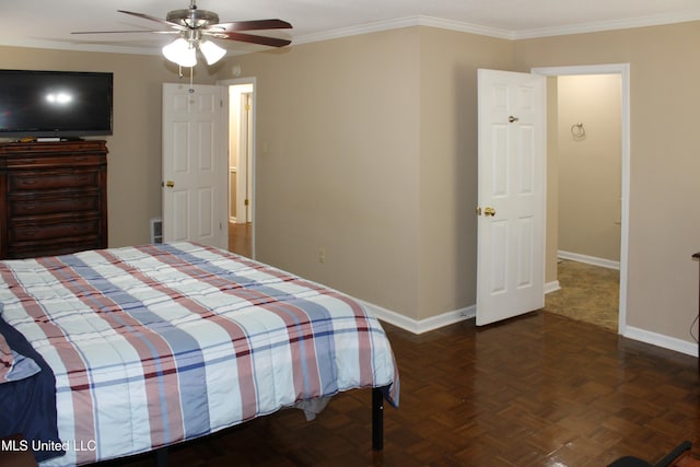 bedroom featuring a ceiling fan, baseboards, and ornamental molding