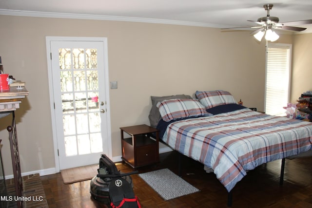 bedroom with a ceiling fan, baseboards, and ornamental molding
