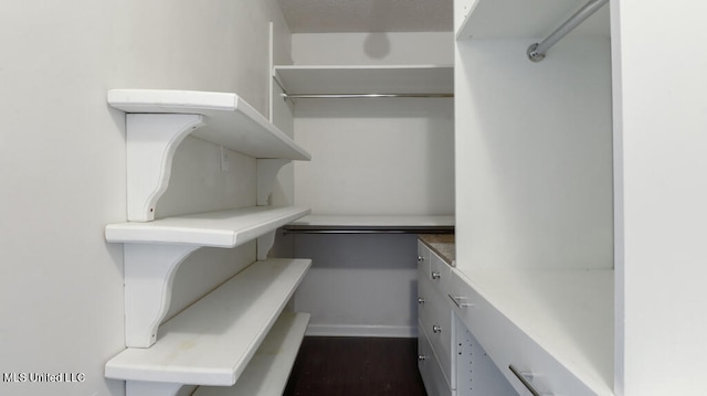 walk in closet featuring dark wood-type flooring