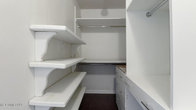 walk in closet with dark wood-style flooring