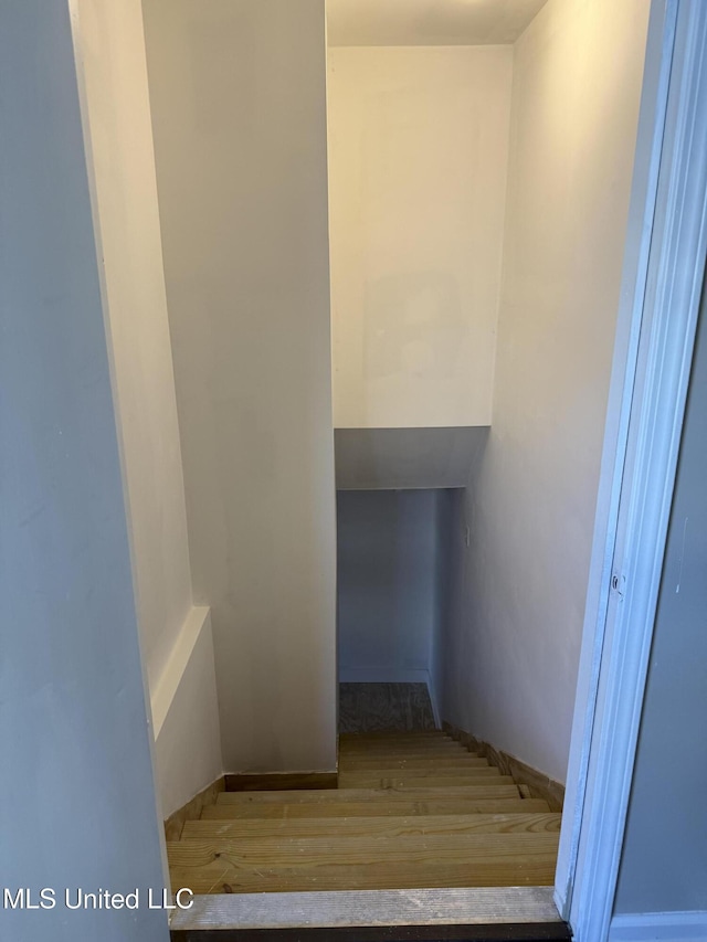 stairway featuring wood finished floors