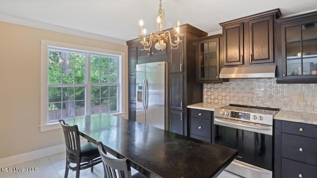 kitchen with tasteful backsplash, decorative light fixtures, dark brown cabinets, stainless steel appliances, and light stone countertops