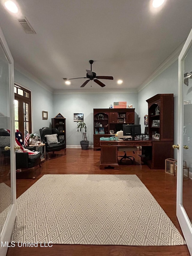 office space with hardwood / wood-style floors, ceiling fan, and ornamental molding