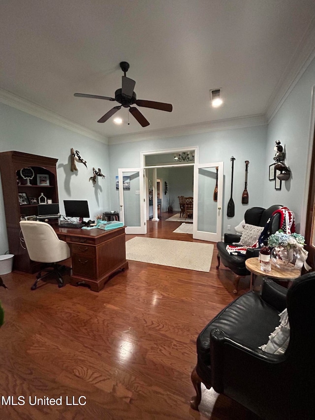 office space with french doors, wood-type flooring, ceiling fan, and crown molding