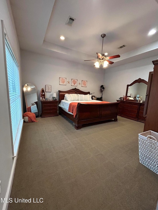 bedroom featuring a raised ceiling, ceiling fan, and carpet floors