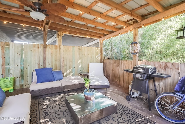 view of patio featuring a grill, an outdoor hangout area, a deck, and ceiling fan