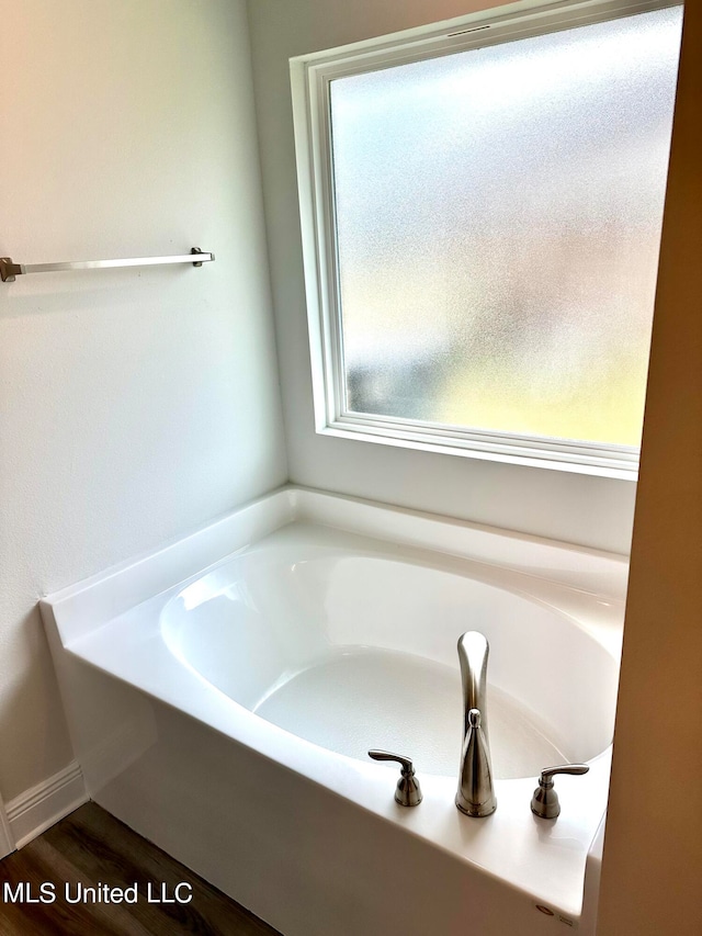 bathroom with a washtub and wood-type flooring