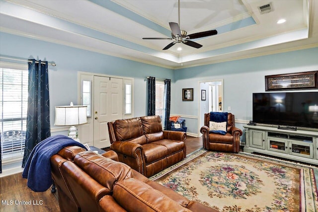 206 Southwind Dr, Richland, MS 39218 - living room featuring ornamental molding, a ceiling fan, dark wood-type flooring, a tray ceiling, and recessed lighting