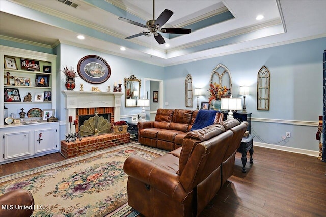 206 Southwind Dr, Richland, MS 39218 - living room with ornamental molding, ceiling fan, dark wood-style flooring, a brick fireplace, and recessed lighting
