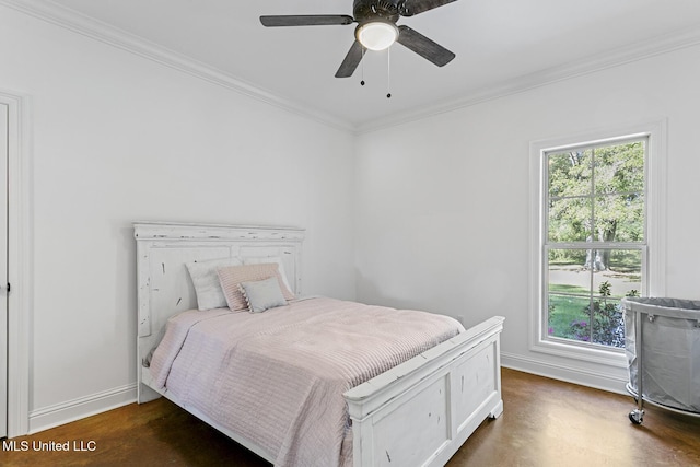 bedroom featuring ornamental molding and ceiling fan