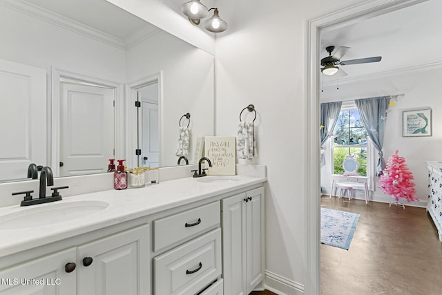 bathroom with vanity, ornamental molding, and ceiling fan