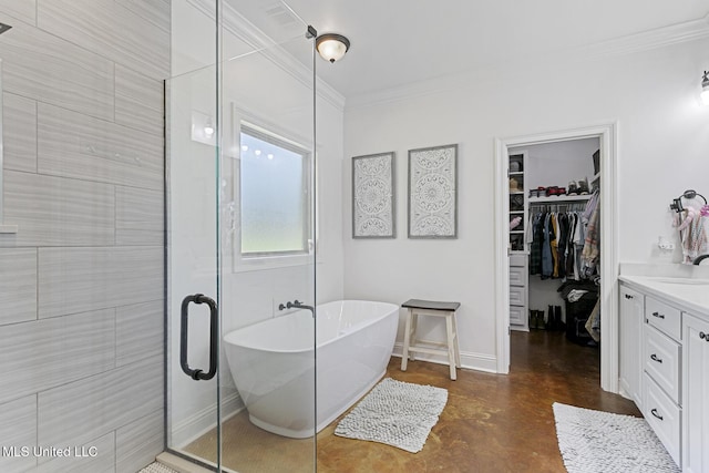 bathroom featuring vanity, crown molding, independent shower and bath, and concrete floors