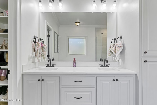 bathroom featuring vanity, ornamental molding, and walk in shower