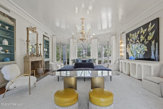 sunroom / solarium featuring an inviting chandelier and french doors