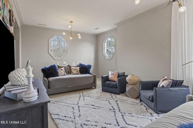 carpeted living room featuring crown molding and a notable chandelier