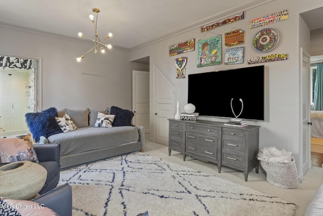 carpeted living room featuring crown molding and a notable chandelier