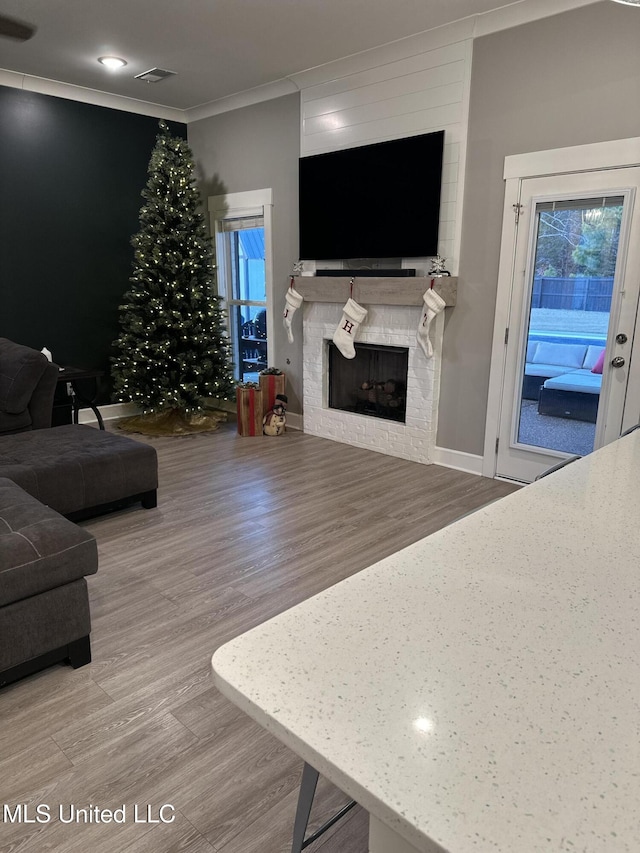 living room featuring hardwood / wood-style flooring, crown molding, and a fireplace