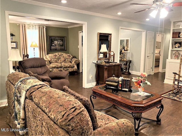 210 Jefferson Davis Blvd, Natchez, MS 39120 - living area featuring ceiling fan, baseboards, wood finished floors, recessed lighting, and crown molding
