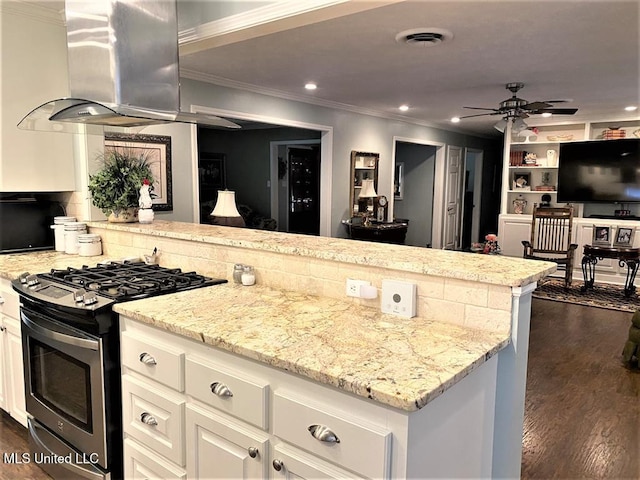 210 Jefferson Davis Blvd, Natchez, MS 39120 - kitchen featuring stainless steel gas stove, island exhaust hood, ornamental molding, ceiling fan, and light stone counters