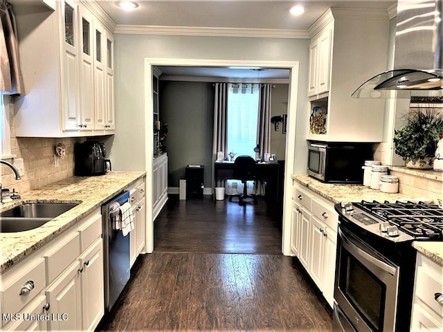 210 Jefferson Davis Blvd, Natchez, MS 39120 - kitchen featuring stainless steel appliances, wall chimney exhaust hood, a sink, dark wood finished floors, and white cabinets