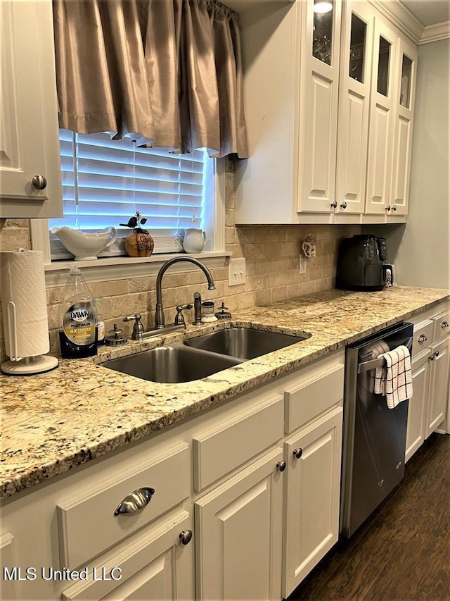 210 Jefferson Davis Blvd, Natchez, MS 39120 - kitchen with dishwasher, a sink, tasteful backsplash, white cabinets, and crown molding