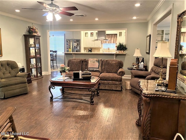 210 Jefferson Davis Blvd, Natchez, MS 39120 - living room featuring ceiling fan, dark wood-style floors, baseboards, recessed lighting, and ornamental molding