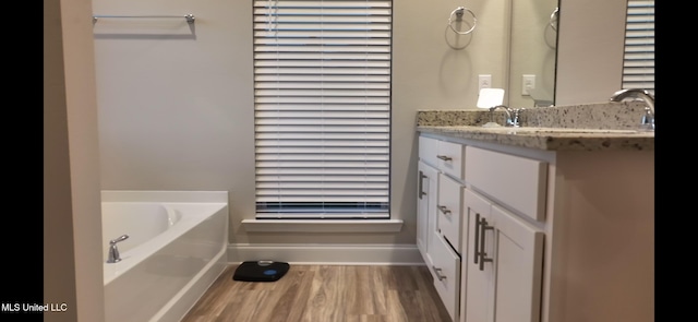 bathroom with vanity, wood-type flooring, and a bath