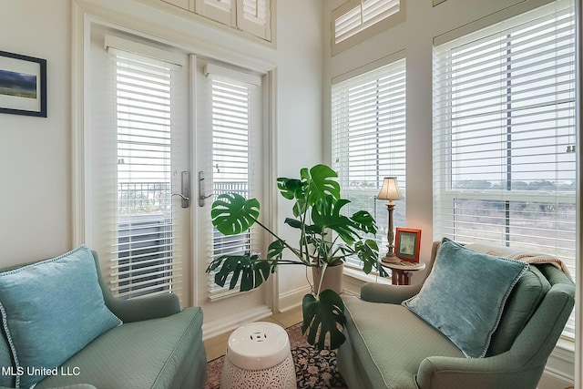 sitting room with baseboards, a wealth of natural light, and french doors